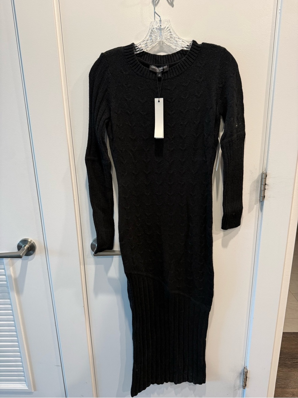 Central Park West Black Cable-Knit Long Sleeve Midi Dress